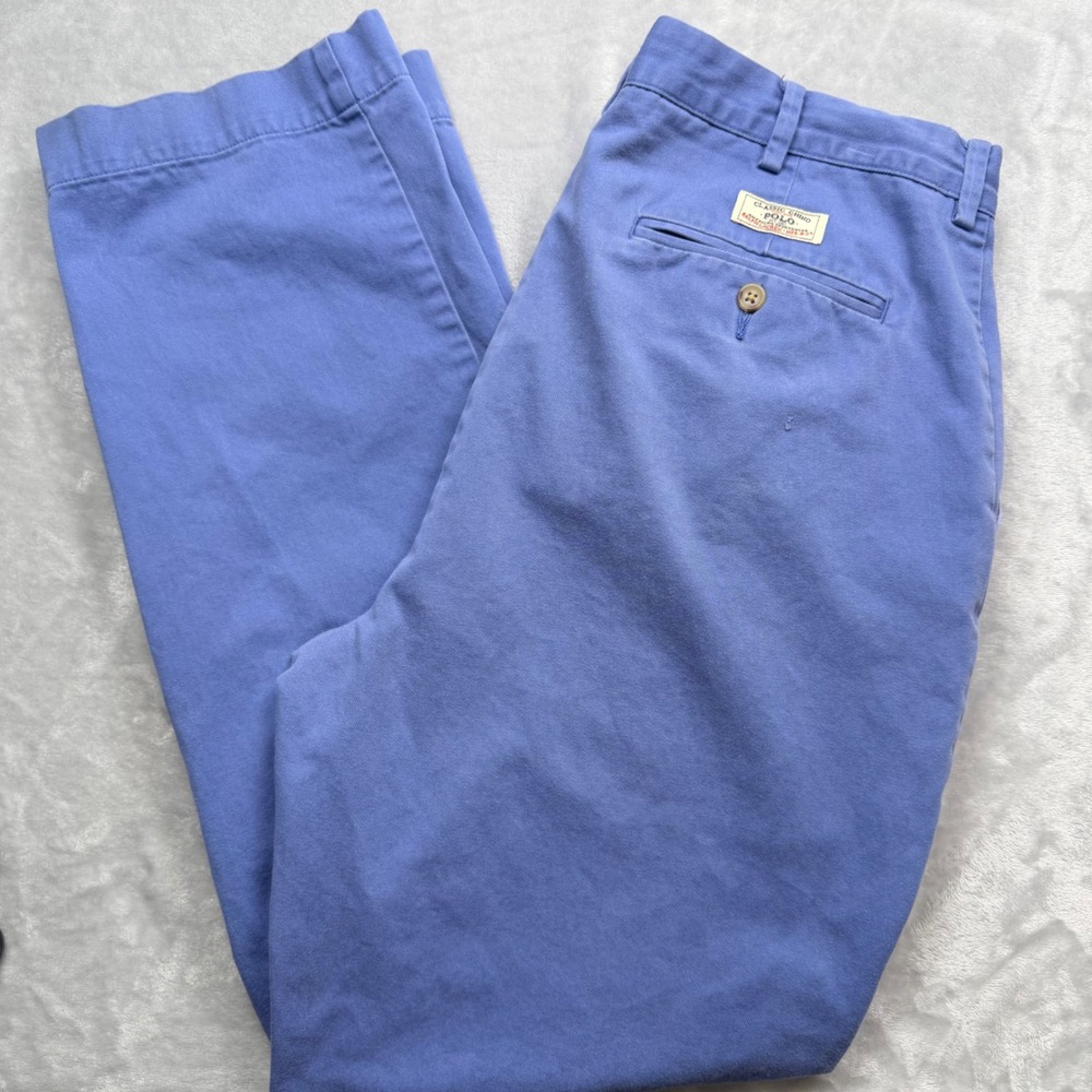 Vintage Polo Ralph Lauren Blue Chino Pants 34x30.5 Cotton Straight Leg Preppy